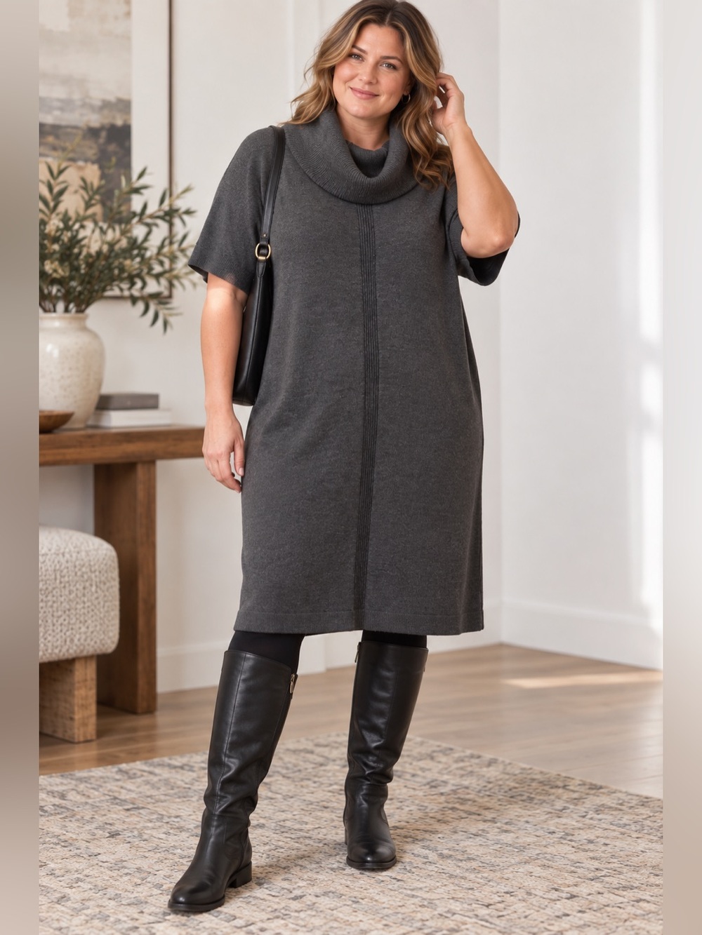 Lands’ End 100% Merino Wool Cowl Neck Sweater Dress Charcoal L 14-16
